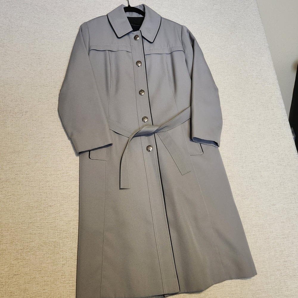 Vintage ILGWU‎ Trench Coat Women M Grey Belted Faux Fur Lined Made in USA